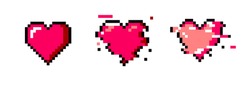 Set Of Pixel Art Heart Icons. Vector 8-bit Retro Style Illustration.