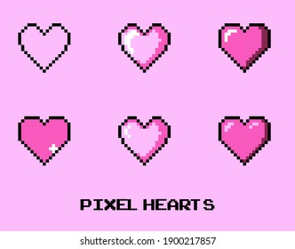 Set of pixel art heart icons isolated on pink background. Vector 8-bit retro style illustration.