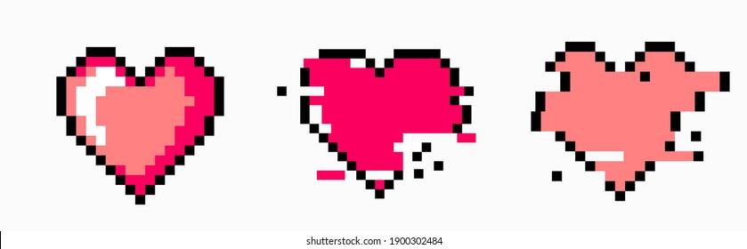 Set of pixel art heart icons isolated on white background. Vector 8-bit retro style illustration.