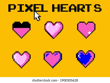 Set of pixel art heart icons isolated on pink background. Vector 8-bit retro style illustration.