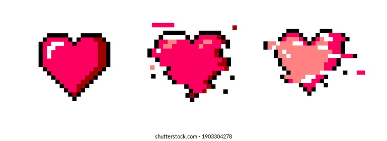 Set of pixel art heart icons. Vector 8-bit retro style illustration.