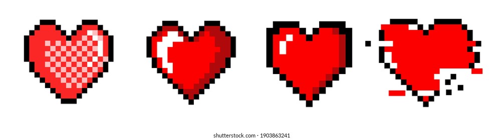 Set of pixel art heart icons. Vector 8-bit retro style illustration.