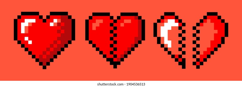 Set of pixel art heart icons. Vector 8-bit retro style illustration.