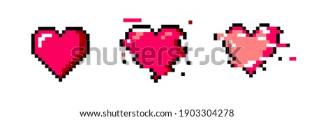 Set of pixel art heart icons. Vector 8-bit retro style illustration.