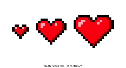 set of Pixel art hearts. 8 bit style heart design. Retro game. Vector graphic.