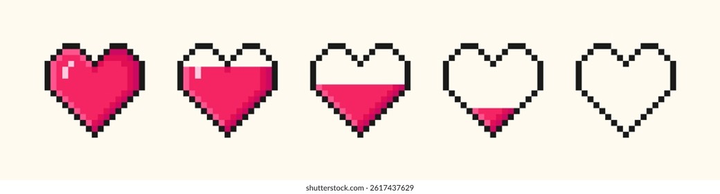 Set of pixel art hearts of life in 8-bit retro style. Game pixelated hearts for health bars. Vector illustration