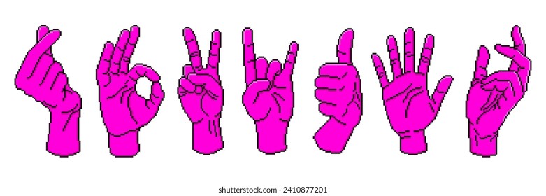Set von Pixelkunst menschlichen Handgesten. Retro Spiel Stil Neon rosa Symbol. Einzige Vektorgrafik wie eine PNG.
