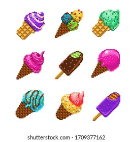 set pixel art ice cream icon, 32X23 pix vector illustration isolated on white background