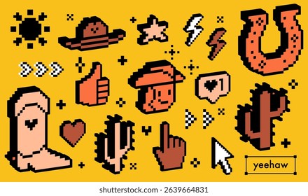 A set of pixel art icons with 3d effect. Digital wild west stickers. Cowboy hat, cowboy boot, cactus, horseshoe, heart, star and cool digital objects. 8 bit style retro elements for gaming interface