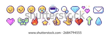 Set of pixel art icons. 8bit emojis: happy and crying emoticons, fire, hearts, letter and hand gestures. 8 bit elements of retro video games. Flat isolated vector illustrations on white background