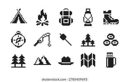 Set of pixel art icons for camping and hiking: teepee, campfire, backpack, lantern, boots, compass, fishing, marshmallow, trees, map.