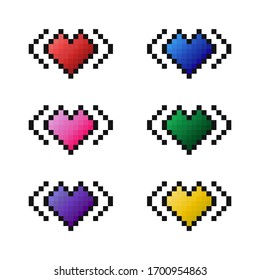 Set of pixel art icons colorful hearts. Red, pink, purple, blue, green, yellow hearts pictures on the white background. Elements for game, design, illustrations in cartoon style.