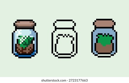 Un conjunto de iconos de pixel art con una Pequeña planta dentro de un frasco de vidrio o terrario. La colección incluye una versión sombreada detallada, un contorno de línea de arte en blanco y negro limpio y una base de color plana. Ideal para artículos de inventario de juegos, interfaz de usuario de elaboración o activos digitales con temas de naturaleza.