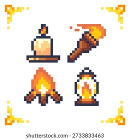 A set of pixel art icons featuring fire light sources like a candle, torch, campfire, and lantern. Ideal for retro 2D RPG game inventory, survival adventure user interface, or dungeon design elements.