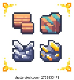 A set of pixel art icons featuring raw mining resources including iron, copper, gold, and silver ore. Ideal for 2D RPG crafting systems, strategy game economy assets, or survival inventory user interfaces.