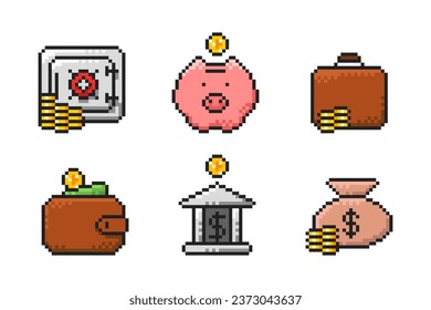 Set of Pixel Art icons financial instruments: coins, safe with money, piggy bank, wallet, bag of coins, gold coins, bank. Pixel game money 8-bit sprite, isolated vector illustration.