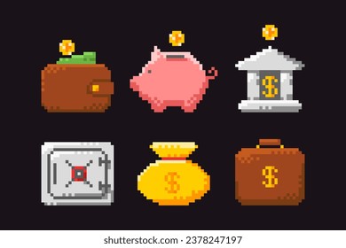 Set of Pixel Art icons financial instruments: coins, safe with money, piggy bank, wallet, bag of coins, gold coins, bank. Pixel game money 8-bit sprite, isolated vector illustration.