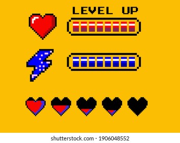 Set of pixel art icons for game UI design. Hearts, progress bar, ect.