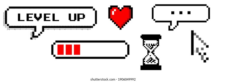 Set Of Pixel Art Icons For Game UI Design. Heart, Progress Bar, Cursors, Etc.