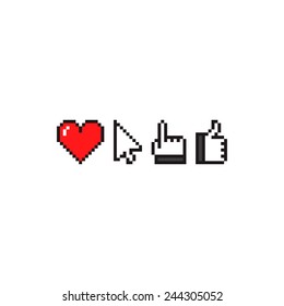 Set of pixel art icons with heart, arrow cursor, hand with pointing finger and thumbs up gesture