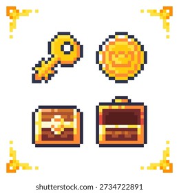 A set of pixel art icons including a golden key, coin, and treasure chests. Ideal for RPG loot systems, dungeon rewards, and game UI assets.