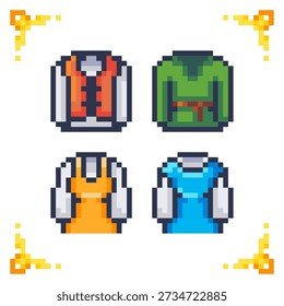 A set of pixel art icons of medieval peasant clothing: tunic, vest, and dresses. Ideal for RPG villager inventory, NPC customization, or farming simulator UI assets.