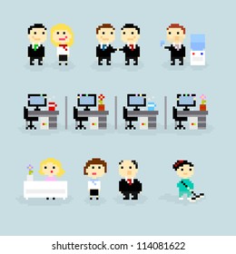 Set of pixel art icons, office life theme, vector