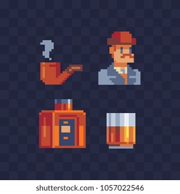 Set of pixel art icons on an England theme, english man character with smoking pipe, bottle of whiskey alcohol and glass isolated vector illustration. Design for sticker, logo shop, mobile app. 8-bit.