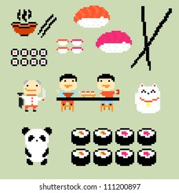 Set of pixel art icons on japanese food style, vector