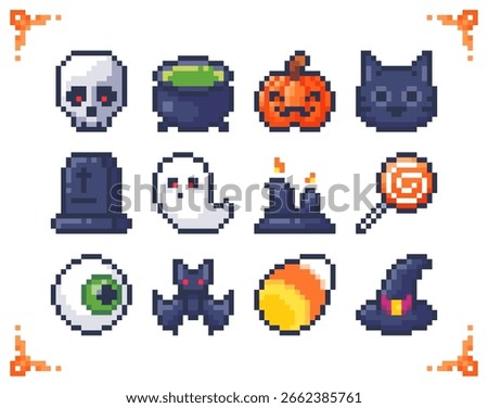 Set of pixel art icons on Happy Halloween theme. Skull, cauldron, pumpkin, cat, tombstone, ghost, candles, lollipop, eye, bat, candy corn, witch hat. 16x16 pixels