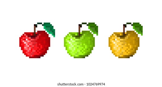 Set of pixel art icons. Red, green, yellow apples with leaf. Old school 8 bit illustration isolated on white background. Healthy food symbol. Diet emblem. Retro 80s,90s video game object design.