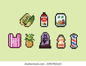 A set of pixel art icons representing Taiwan, featuring iconic elements such as amethyst, fruit juice, pineapples, and betel nuts.