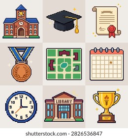 A set of pixel art icons representing school and academic life, including buildings, graduation cap, diploma, medal, calendar, clock, and trophy.