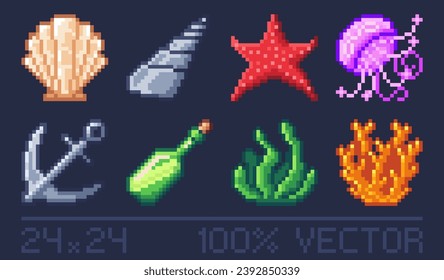 Set von Pixelkunstsymbolen für Retro-Spiele. Meeresressourcen und Beute-Symbole. Unterwasser-Unterwasserset mit Meeresthema. Die Symbolauflösung beträgt 24 x 24 Pixel.