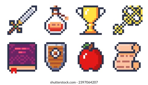 Set of pixel art icons for retro games. Resolution 16 x 16