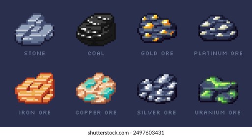 Set of pixel art icons for retro games. Stones and ores icons. Icon resolution is 24 by 24 pixels.