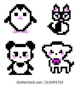 Set of pixel art icons for video game and print on different product. Isolated vector illustration. Penguin, cat, panda, sheep (lamb) design in black, white and pink colors. 