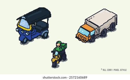 Set of Pixel art illustration., Pixelated Truck, Scooter delivery, TUK TUK taxi car Thailand. Box Container truck pixelated for the pixel art game and icon., Pixel design