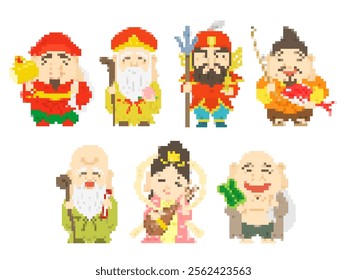 A set of pixel art illustrations of the Seven Gods of Fortune (Daikokuten, Jurojin, Bishamonten, Ebisuten, Fukurokuju, Benzaiten, Hotei-son).