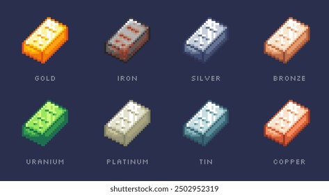 A set of pixel art ingots, bars of various metals: gold, iron, silver, bronze, uranium, platinum, tin and copper for game assets and designs.