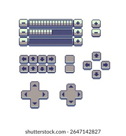 Set of pixel art interface elements in retro 8-bit style, including directional buttons, D-pads, sliders, and plus minus keys, video game HUD design, fantasy RPGs, retro-inspired projects.