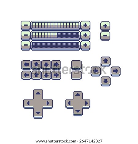 Set of pixel art interface elements in retro 8-bit style, including directional buttons, D-pads, sliders, and plus minus keys, video game HUD design, fantasy RPGs, retro-inspired projects.