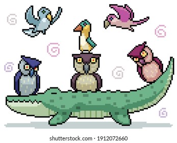 set of pixel art isolated friendly bird group