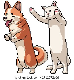 set of pixel art isolated long corgi and cat