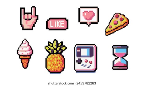 Conjunto de elementos de arte pixel: helado, rebanada de pizza, reloj de arena, piña y otros.