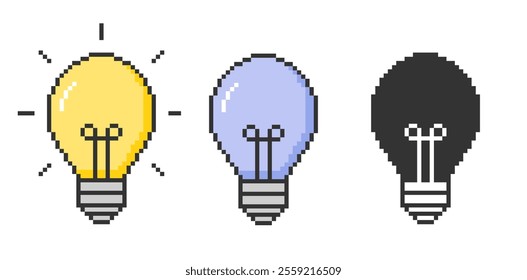 Set of pixel art light bulbs. Energy and thinking sign on white background. Vector illustration