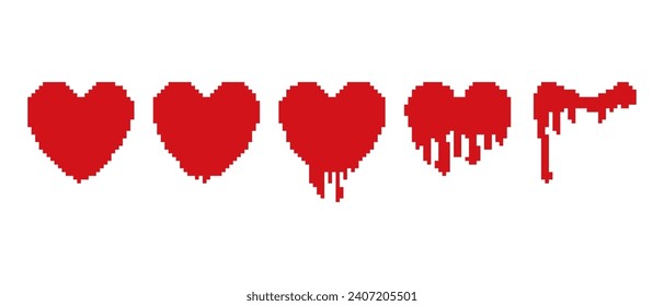 Conjunto de arte de píxeles. Líquido, goteando corazones rojos. Iconos del juego. Símbolo romántico. Ilustración vectorial creativa.