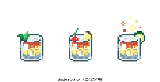 Set of Pixel art mai tai cocktail. Retro 90s gaming 8 bit icon of pixel mosaic glass of mai tai cocktail drink. Vector pixel classic party maitai beverage for game and stickers.