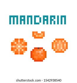 Set of pixel art mandarin orange/tangerine/clementine/satsuma (peeled, sliced) isolated on white background. Collection of 8 bit citrus fruit icons. Old school vintage retro 80s, 90s game graphics.