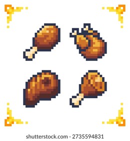 A set of pixel art meat icons: roasted chicken leg, whole bird, and steak. Ideal for RPG food inventory, survival health recovery items, and cooking mechanics.